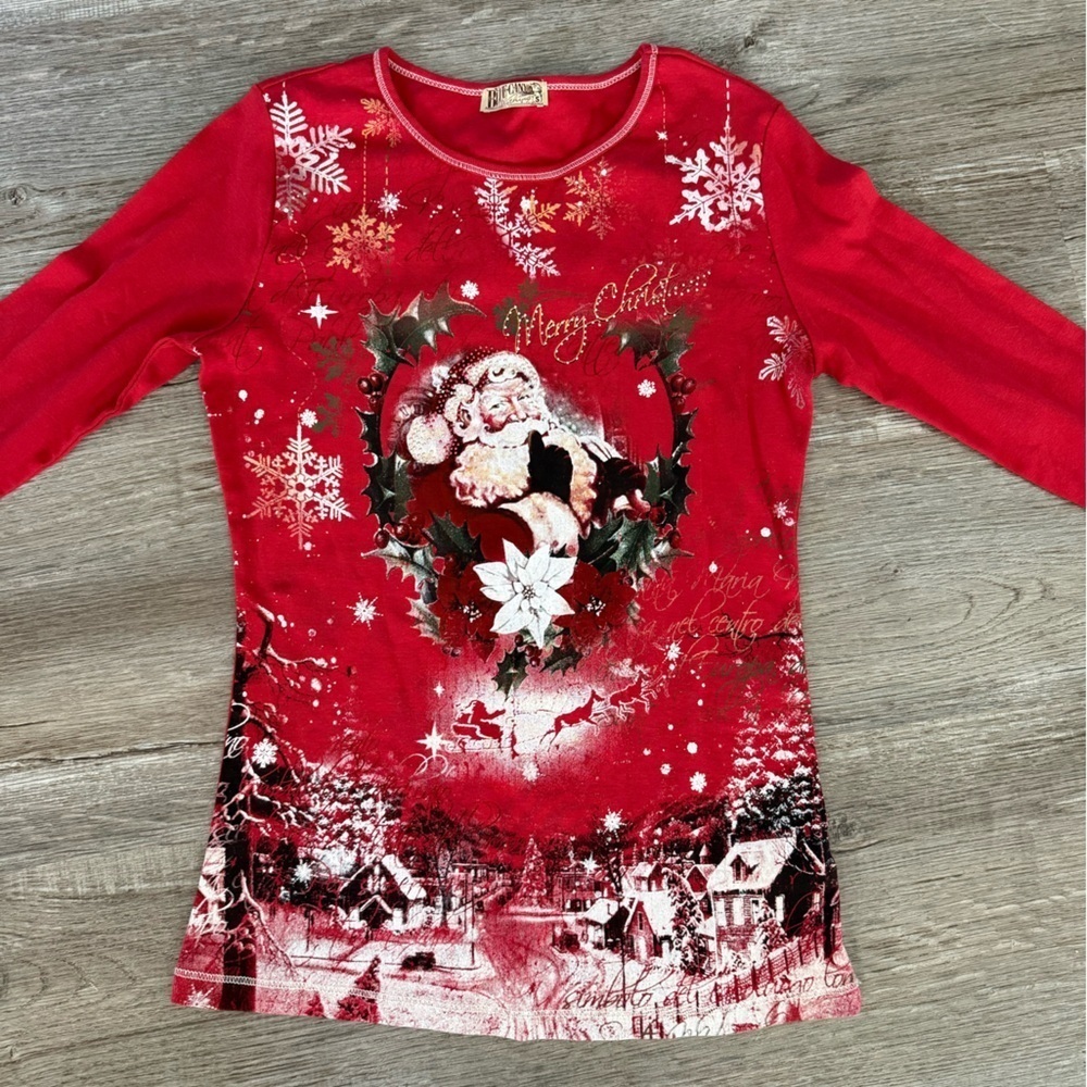 VTG Festive Santa Christmas Long Sleeve Shirt Hippie Boho Magical Red Size XS S